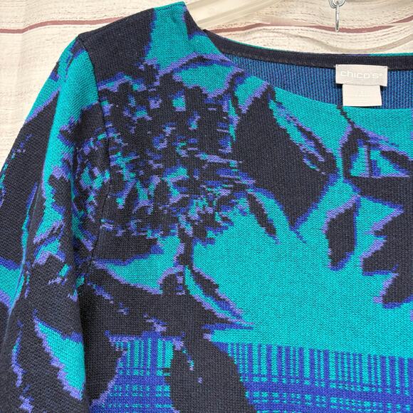 NWT Chico's size 3 (XL/16) Blue Teal Floral Print Knit Tunic Sweater 3/4 Sleeve - Picture 2 of 9